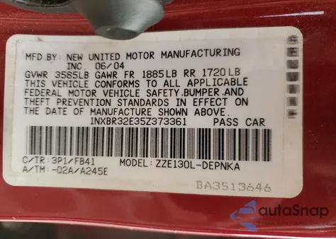 2005 Toyota Corolla Ce z USA, uszkodzony, nr VIN 1NXBR32E35Z373361